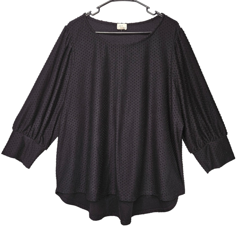 AVA‎ JAMES Black Textured Swiss Dot 3X 3/4 Puff Sleeve Top Tunic 3X Goth Grunge